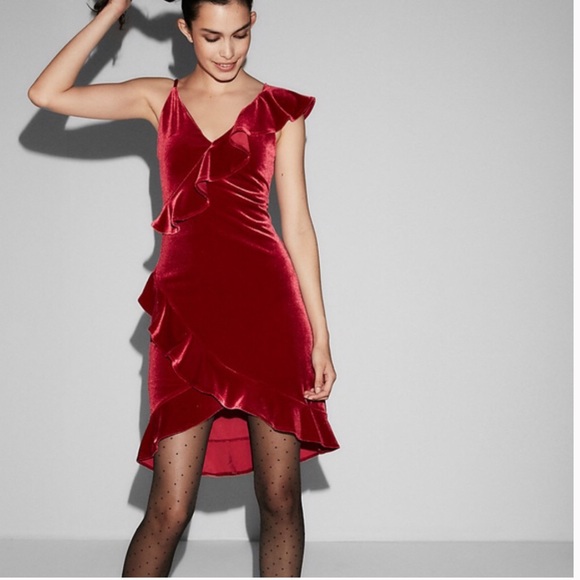 NWT Express Red Velvet Ruffle One Shoulder Dress - Picture 3 of 8